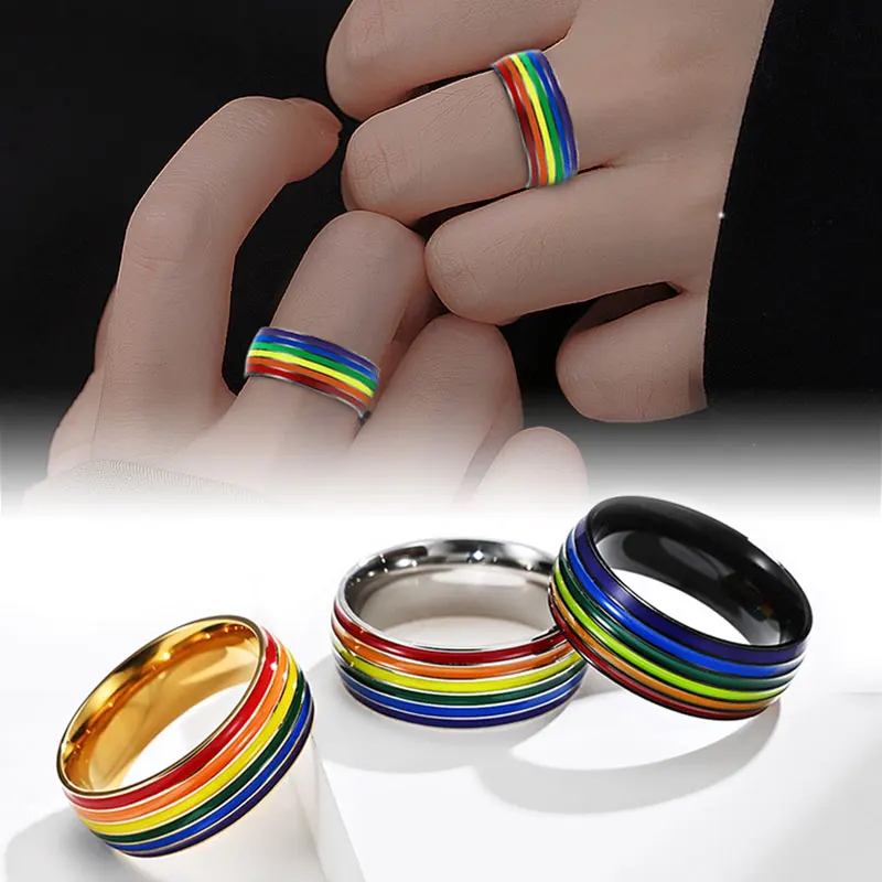 LGBT Rainbow Flag Gay Ring Fashion Pride Rings Titanium Steel Enamel Gay Lesbians Wedding Band Spinner Ring for Men Women
