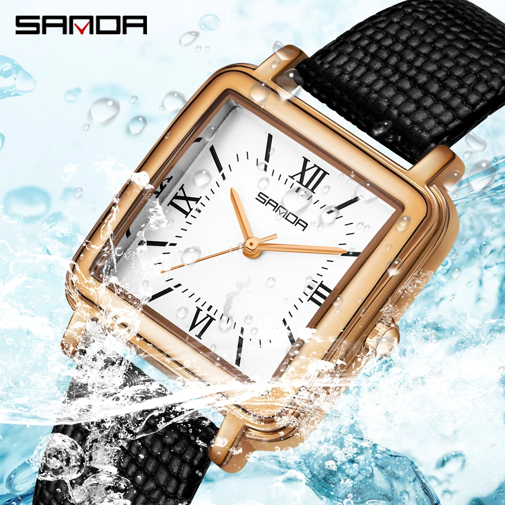 SANDA Ladies Quartz Watch Fashion Leather Women Square Watch Simple Rose Gold Wristwatch Lover's Gift With Box Relogio Feminino