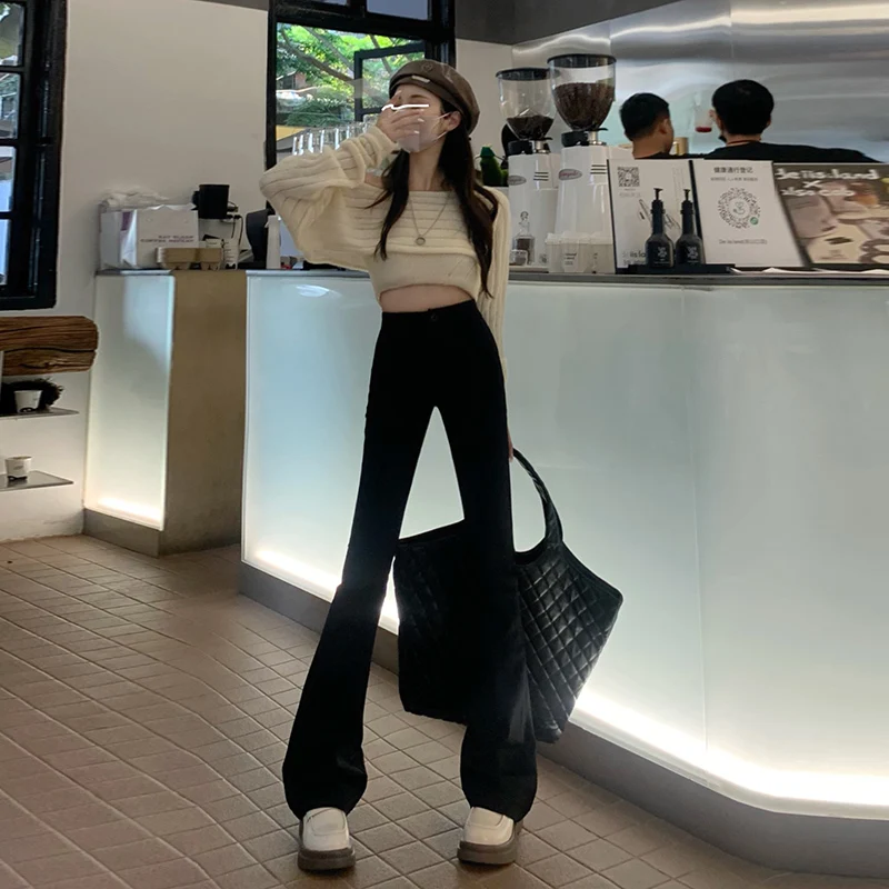 2022 Fashion Streetwear Black Women Pants High Waist Flared Jeans Y2k Aesthetic Vintage Harajuku Stretch Capris Female Clothing