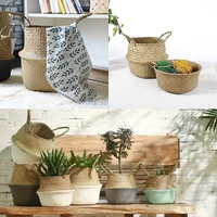 Folding Clthoes Laundry Basket Handmade Woven Storage Basket Straw Wicker Rattan Seagrass Belly Garden Flower Pot Plant Basket 4