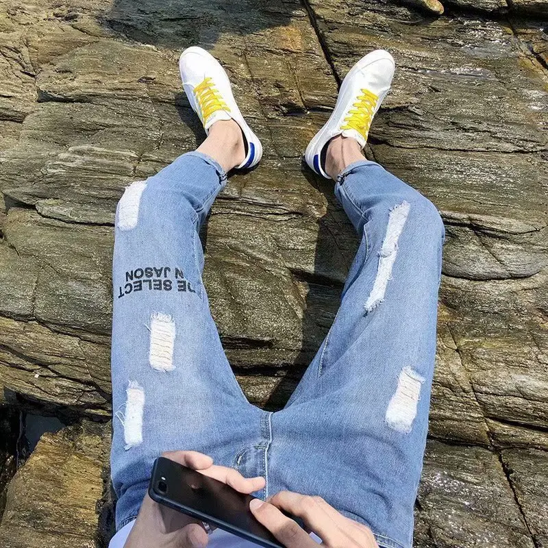 Spring Summer 2022 Fashion Casual New Style Slim Ripped Hole Jeans Male Students Korean Trend Daddy Wide-legged Feet Ankle Pants