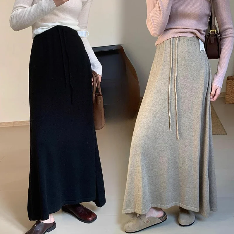Korean Style Winter Maternity Cashmere Skirt Solid Color Warm Pregnant Woman Knitting Skirts Adjustable Waist Maxi Skirts 92cm