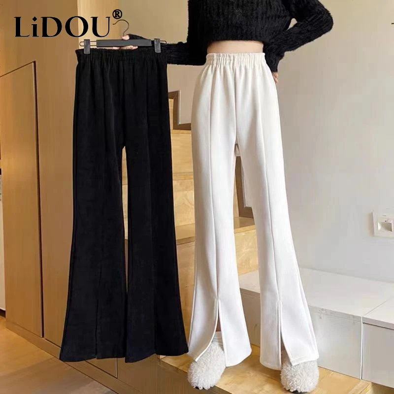 Autumn Winter High Elastic Waist Elegant Fashion Solid Wide Leg Slit Pants Women Loose Casual All-match Draped Flare Trousers