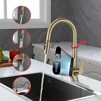 Luxury Brushed Gold Kitchen Sink Faucet Temperature Display Kitchen Faucet Pull Down 3 Mode Spray Swivel Kitchen Mixer Water Tap