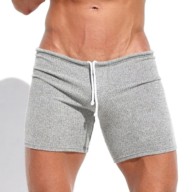 Summer Breathable Soft Comfort Ribbed Shorts Mens Sleepwear Elastic Slim Fit Mens Shorts Solid Color Drawstring Lace-up Shorts