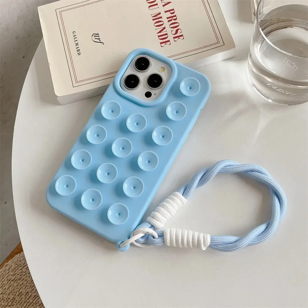 Charming Suction Cup Wrist Strap Case with Lanyard - Soft Liquid Silicone Solid Color Cover