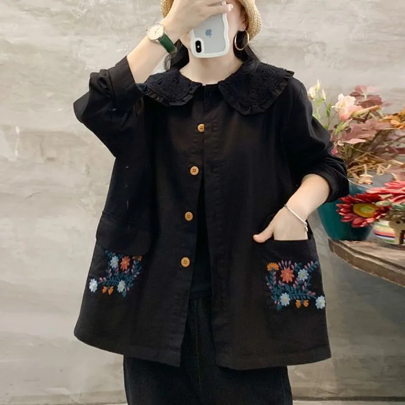 Women's New Spring Autumn Embroidered Cotton and Linen Peter Pan Collar Button Fashion Loose Casual Sweet Long Sleeve Shirt Tops