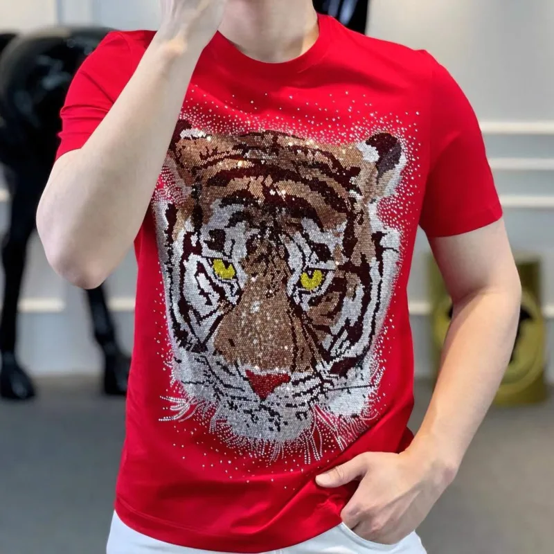 

Summer New European Heavy Industry Tiger Pattern Hot Diamond Fashion Light Luxury Versatile Men Slim Round Neck Short Sleeve