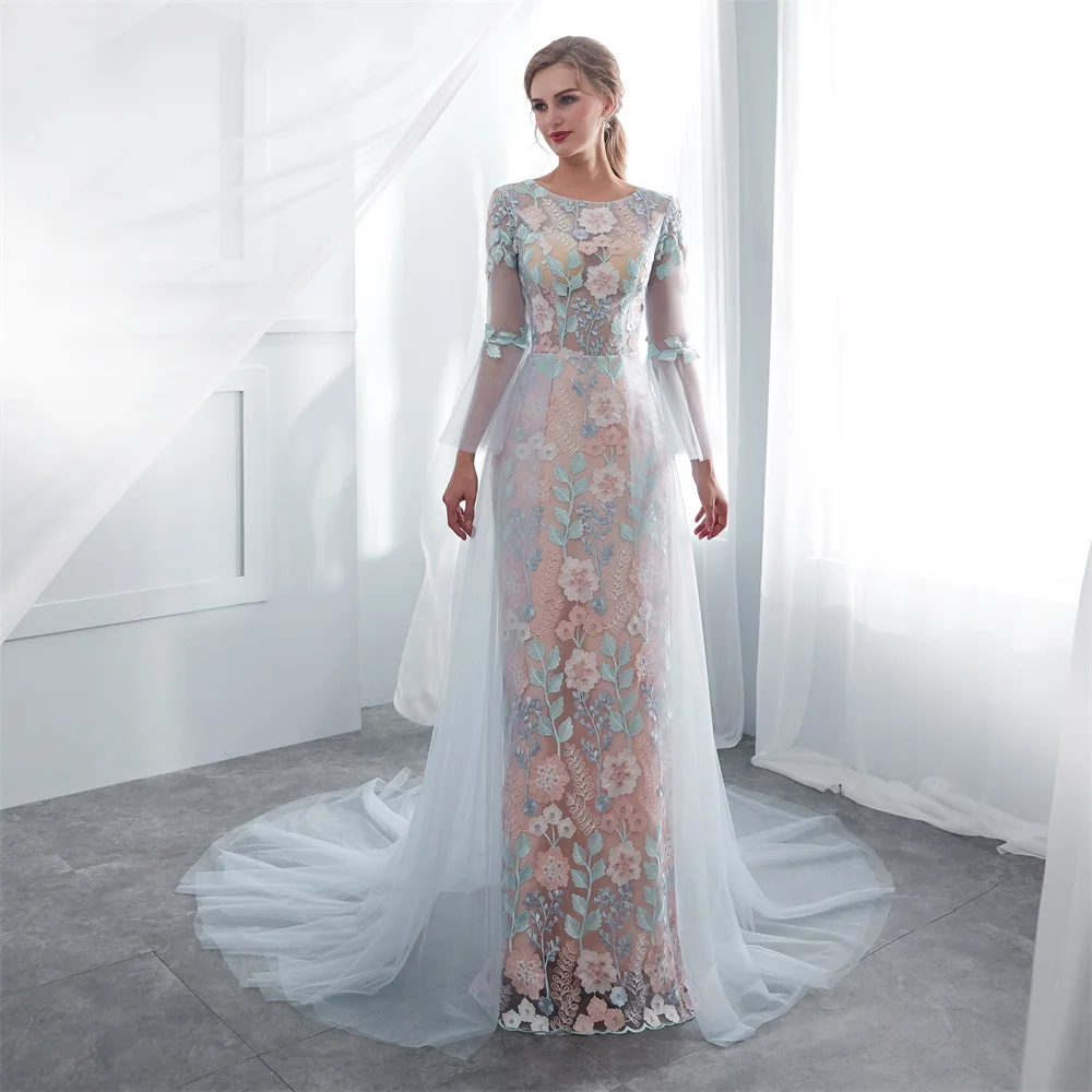 

Stunning A-Line Prom Dress Long Luxury Floral Print Party Dresses Floor Length Illusion Full Sleeve O-Neck Tulle with Appliques