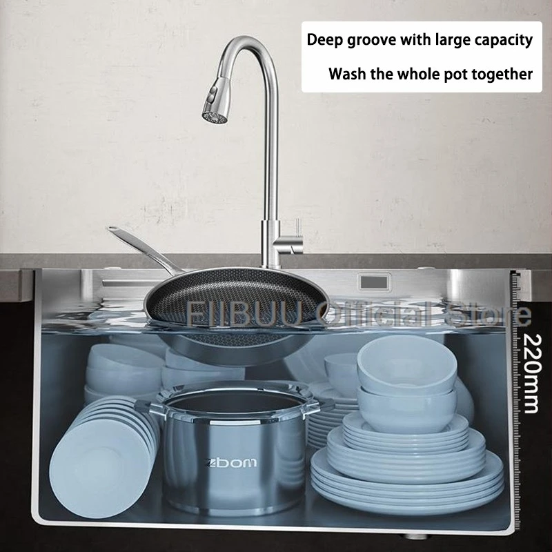 304 Stainless Steel Kitchen Sink Multifunctional Vegetable Workstation Large Capacity Single Bowl Wash/Cut/Drain One Full Set