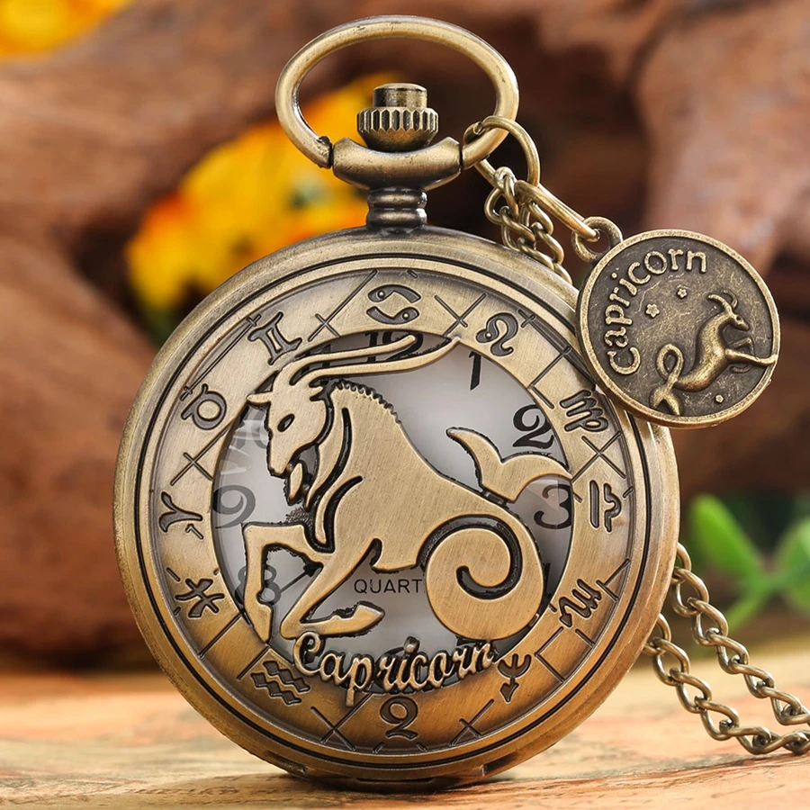 Moderne 12 Constellations Collier Rétro Zodiac Motif Chaîne De Montre De Poche En Bronze Pendentif Anniversaire Horloge Cadeaux Avec Accessoire