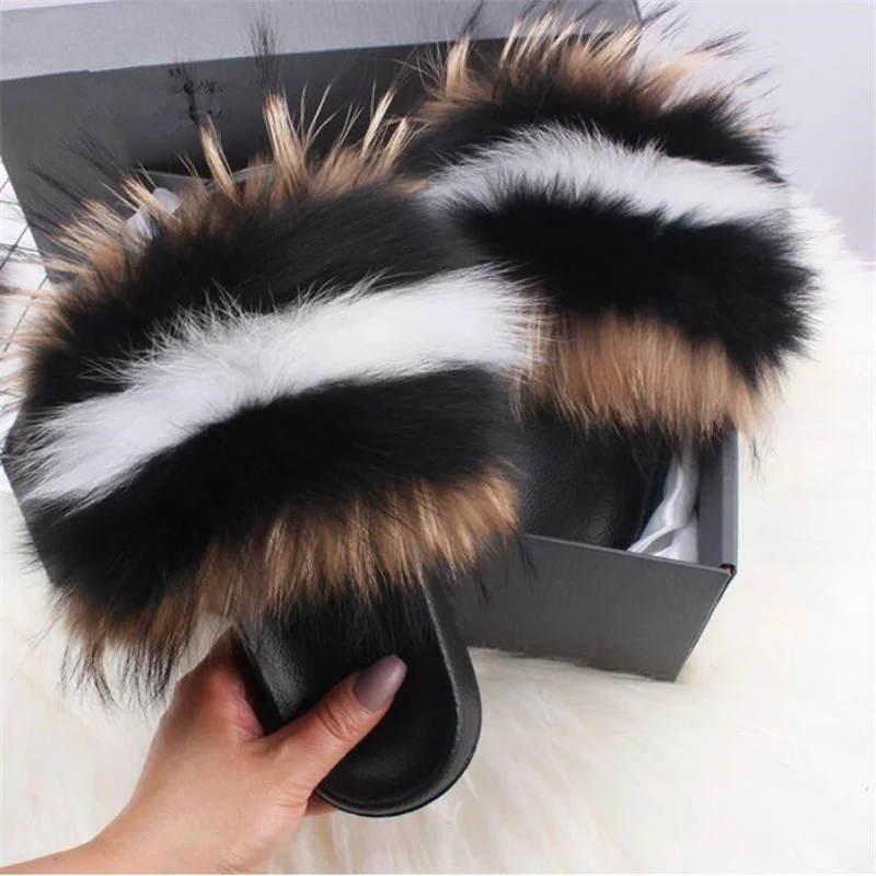 Real Fox Fur Fluffy Slippers Women's Spring Summer Fashion Raccoon Plush Fur Shoes EVA Flip Flops Sliders 2024 Shoes For Women