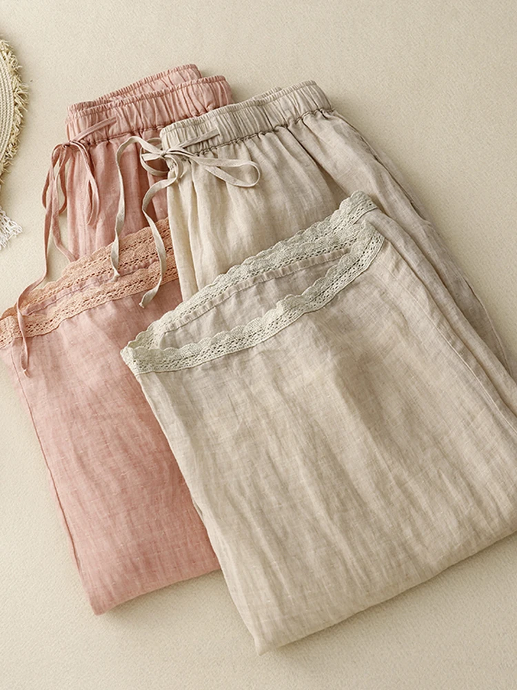 Solid Cotton Wide Leg Pants for Women Summer 2023 New Loose Sweatpants Lace Elastic High Waist Harem Trousers with Pockets