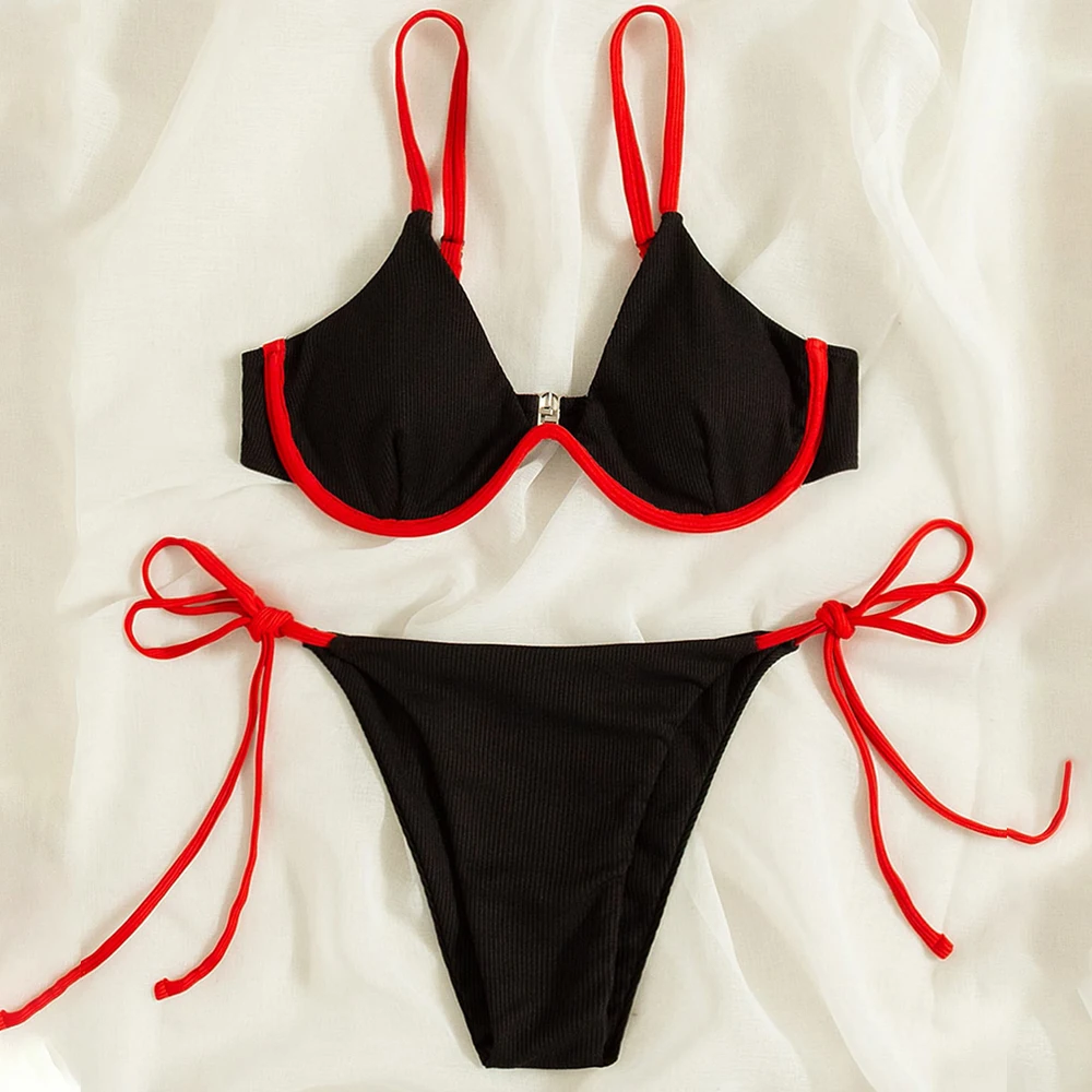 Swimsuit 2022 New Summer Contrast Binding Underwire Tie Side Bikini Fashion Lady Beachwear Beach Bathing Brazilian Suits