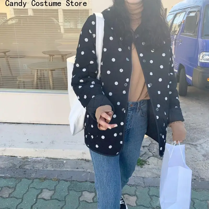 Female Long Sleeve Outwear Elegant Tops New Winter Polka Dot Women Coat O-Neck Warm Loose Casual Jacket