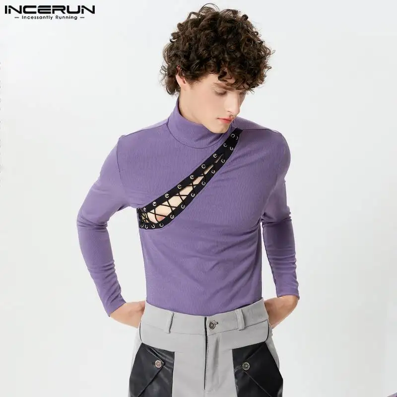 

Men's T Shirt Patchwork Hollow Out Turtleneck Long Sleeve Casual Men Clothing Streetwear 2024 Fashion Leisure Camisetas INCERUN