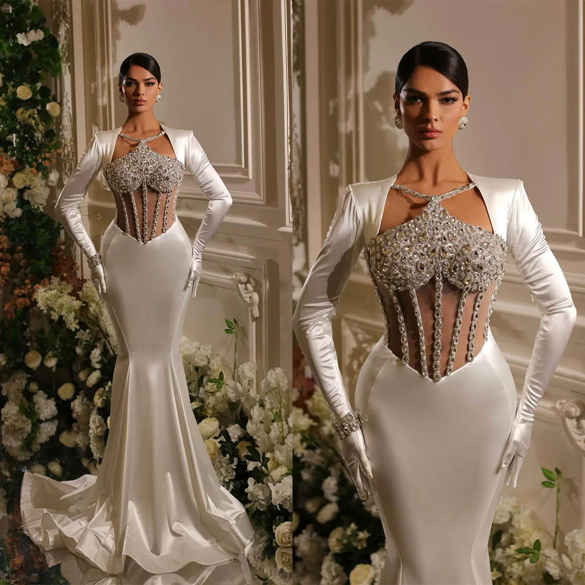 

Sexy Mermaid Satin Wedding Dresses Crystals Beaded Bridal Gowns Custom Made Long Sleeves See Through Vestido de novia