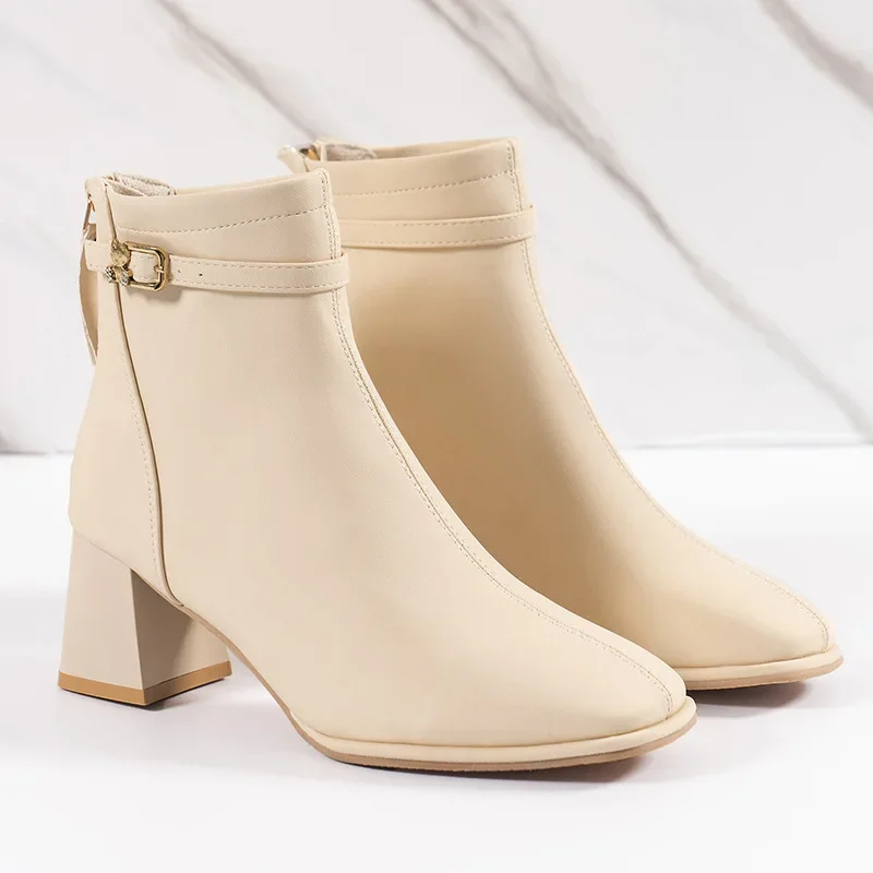 

Square Toe Women Ankle Boots Fashion Zippers Ladies Low Heels Thick All-match Short Boot Shoes Female Elastic Casual Boots 2024