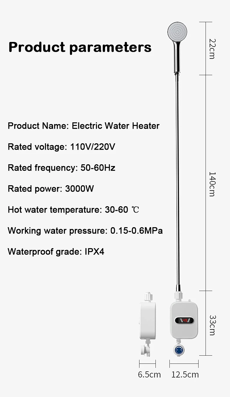 110V Electric Water Heater Instant Kitchen Bathroom 3S Heating Tankless Water Faucet Temperature Display 3500W