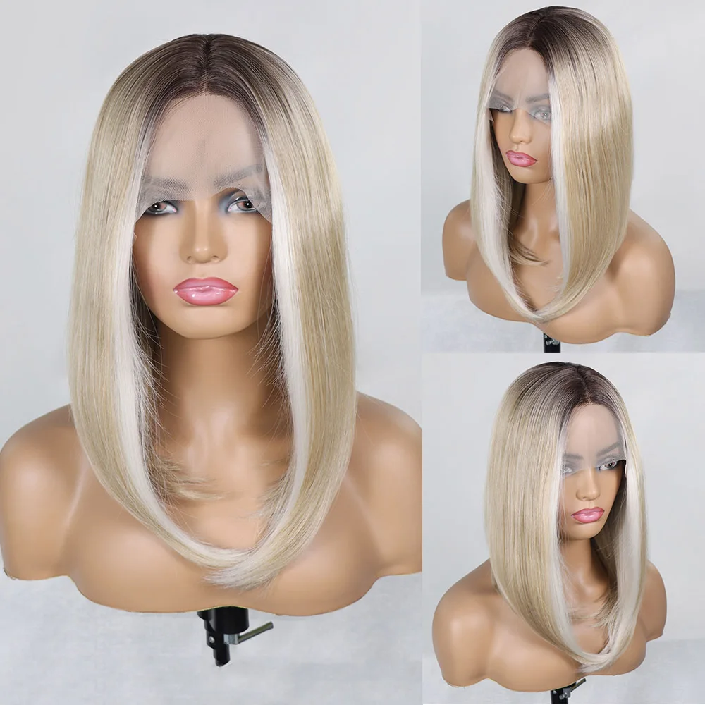 Ash Blonde Bob Synthetic Lace Front Wig Dark Roots Short Straight Colored Blonde for Women Daily Use Synthetic Wig