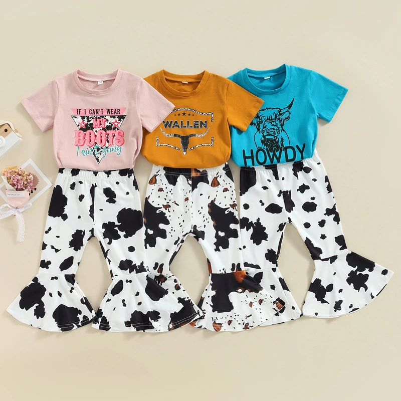 

2022-11-18 Lioraitiin 0-6Years Toddler Baby Girl 2Pcs Set Short Sleeve Cow Head Letter Print Short Sleeve T-shirt Flare Pant