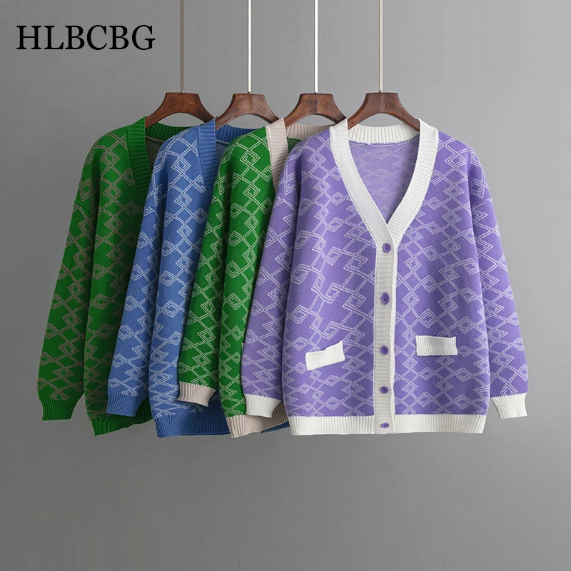 

Fall Diamond jacquard Knitted Cardigans Sweater Women Vintage Korean Chic Long Sleeve Coat Fashion Streetwear Loose Female Tops