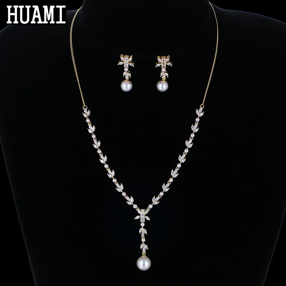 

HUAMI Exquisite Pearls Zircon Stud Earrings Necklace Jewelry Sets For Women Wedding Party Jewelry Accessories Girlfriend Gift