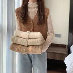 Botão casacos sólidos primavera outono 2022 elegante decote em v sem mangas solto malha pulôver único breasted casacos roupas femininas