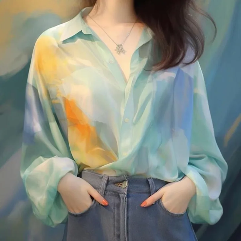 Women's Spring 2024 New Retro Thin Colorful Chiffon Blouses Sweet Chic Tie Dye Long Sleeve Polo-Neck Single-breasted Shirts Tops