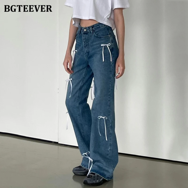 

BGTEEVER Vintage High Waist One Button Bow Jeans Women Stylish Loose Wide Leg Denim Trousers Female