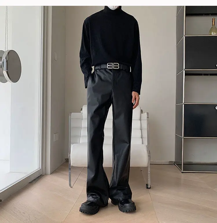 Men's Korean Streetwear Fashion Vintage Loose Causal Leather Micro Flared Pants Man American Style High Street Trousers
