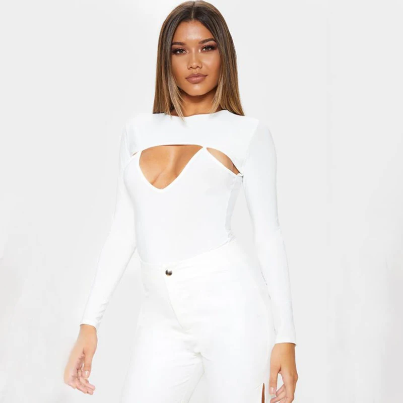

Women New Big Hole Sexy T-shirts Fashion Long Sleeve Round Neck Slim Bodysuits Spring Autumn Streetwear White Tees Tops Female