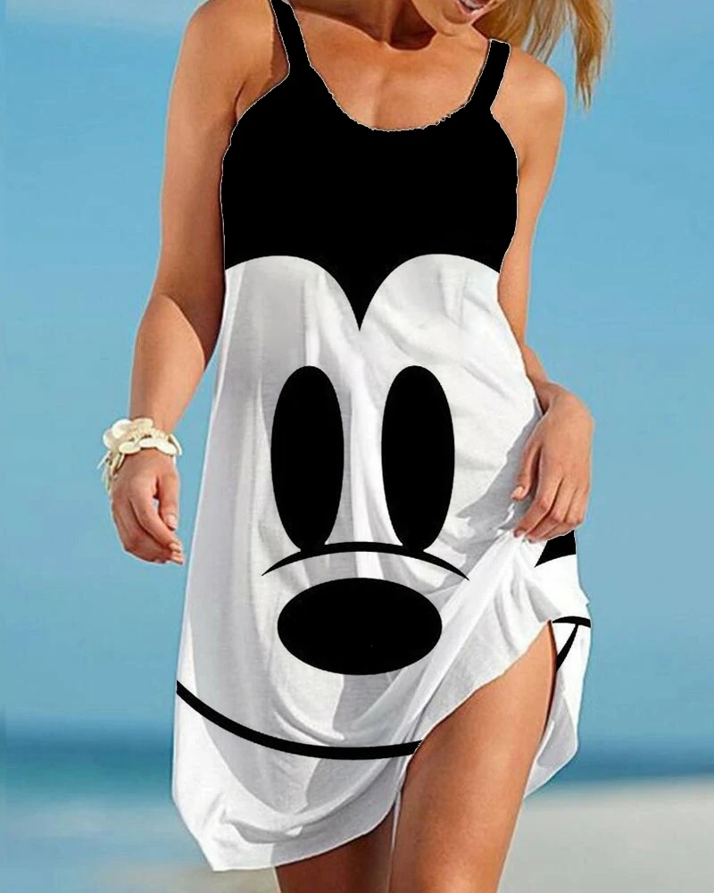 Mujer Vestido Holgado con Estampado Disney, Prenda sin Mangas, Ropa con Cuello Halter, Estilo Informal y Sexi, de Minnie y Mickey Mouse, Teñido Atado 3D, Mujer, Moda Kawaii| | - AliExpress