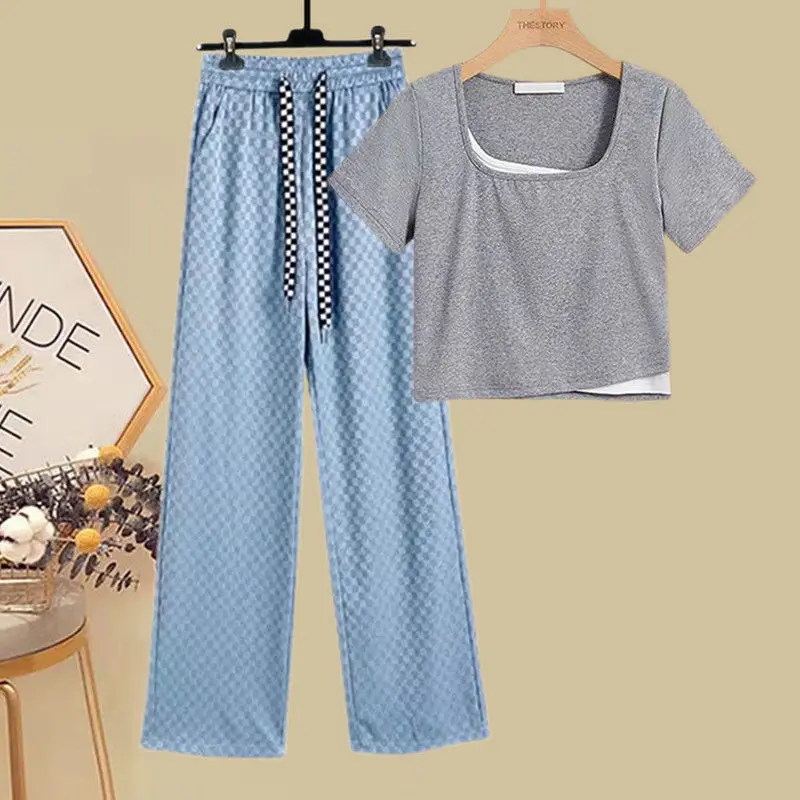 

Set of high-waisted wide-legged pants casual pants straight pants fake two pieces short-sleeved shirt female external two-piece