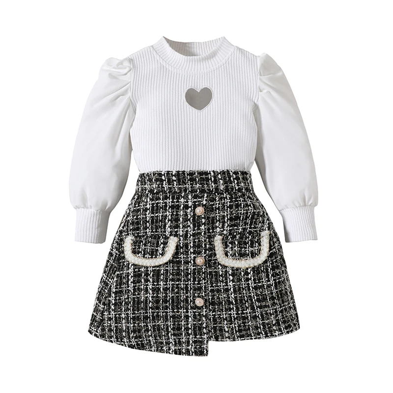 

Kupretty Baby Girl Clothes Toddler Fall Winter Outfits Puff Sleeve Knit Pullover Shirt Tops Plaid Mini Skirts Set