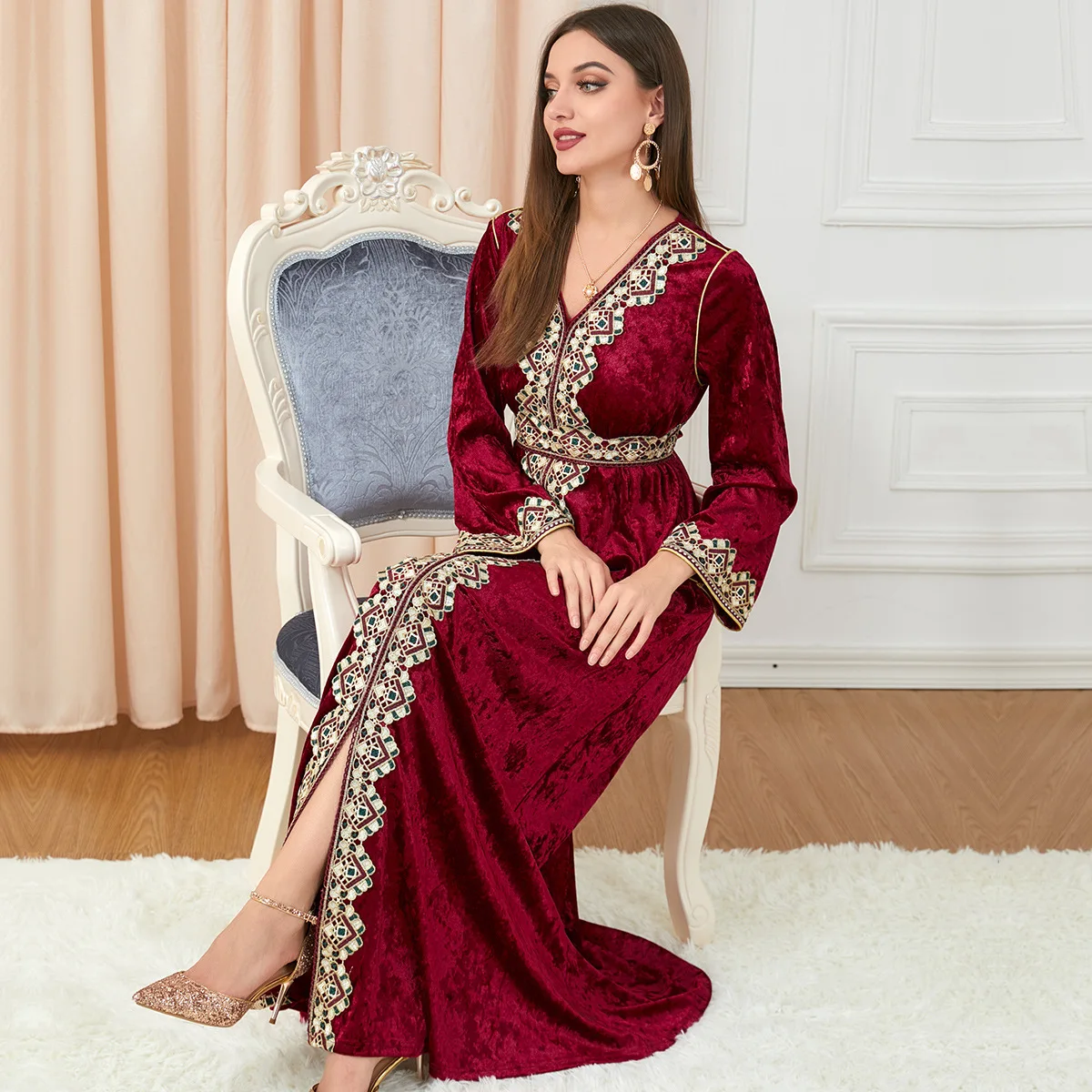 Robe Ramadan Abayas for Women Muslim Women's V-neck Knitted Abaya Maxi Dress with Regular Sleeves Dubai Abaya Jalabiya for Women