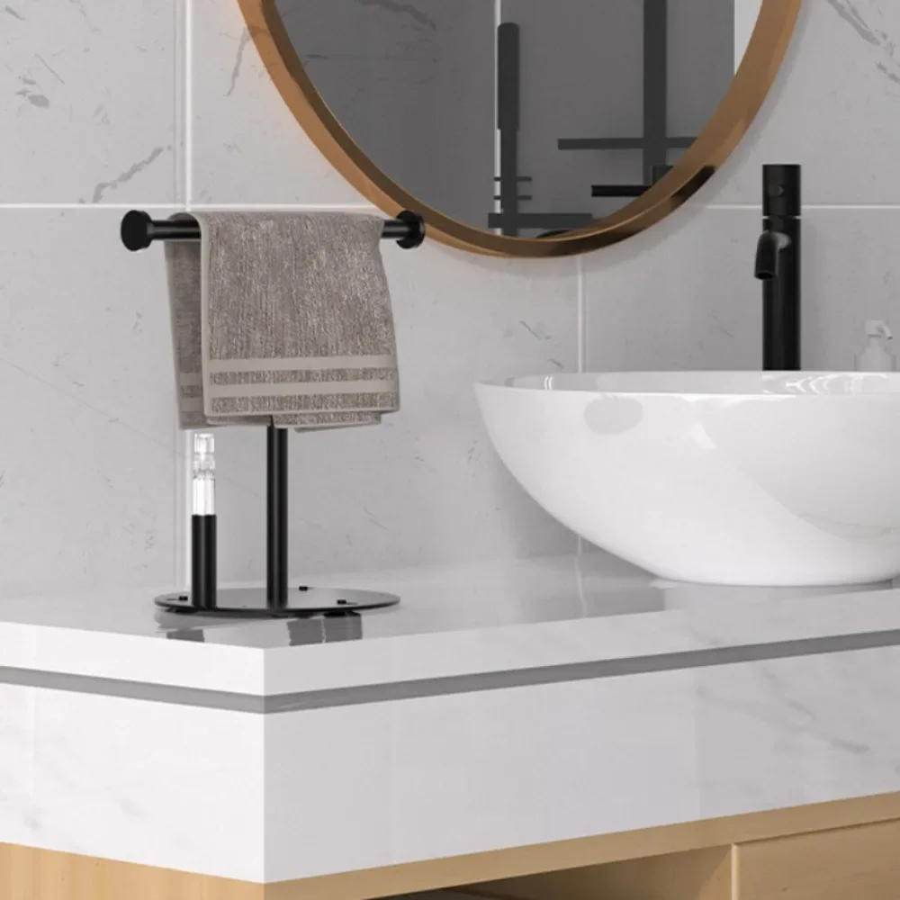T-Shape Towels Bar Rack For Bathroom Vanity Countertop Black Carbon Steel Stable Free-Standing Towel Bar Vertical Towel Holder