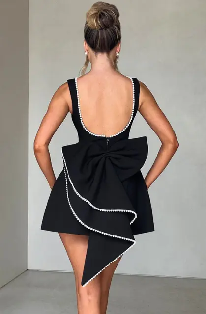 113291-6840bf.jpg Robe Courte Chic à Nœud Perlé pour Femme, Mini-Robe Décontractée Dos Nu, Blanc, Noir, Rose, pour Invitée de Mariage, Demoiselle d'honneur, Anniversaire, Été