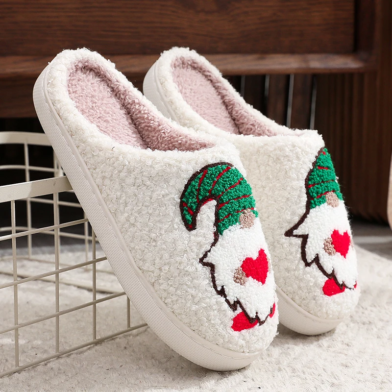 Funny Pattern Christmas Plush Slippers Women Cozy Soft Sole Furry Cotton Slippers Woman Non Slip Flat Heel Home Shoes Female