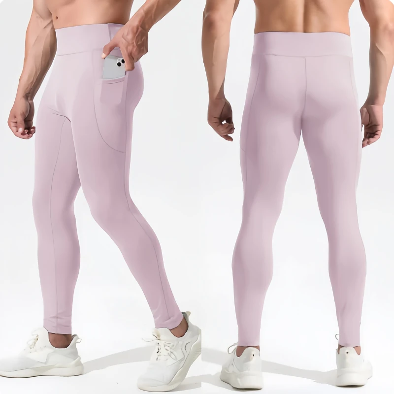 

Compression Leggings Sports Tights Pocket High Waist Fitness Pants Men's Pink Breathable Elastic Nude Feeling Seamless Pants