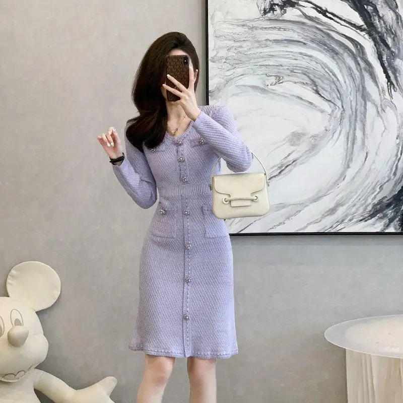 French Knitted Dress Women Winter New Style Elegance Lady Fit Inner Wear Sweater Wrap Skirt Knitted Fabric Midi Skirt Long Sl...