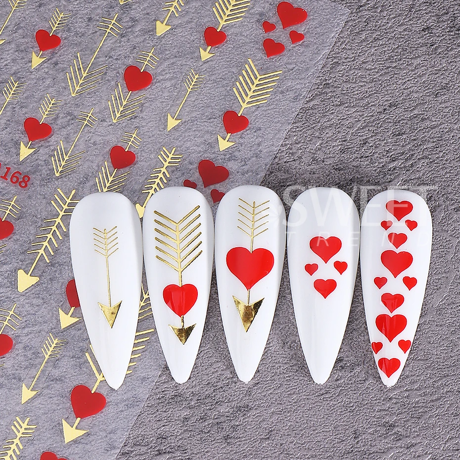 3pcs Valentine's Nail Stickers Red Love Heart Glitter Bronzing Line Self-adhesive Nail Decals Bohemian Style Manicure Decoration