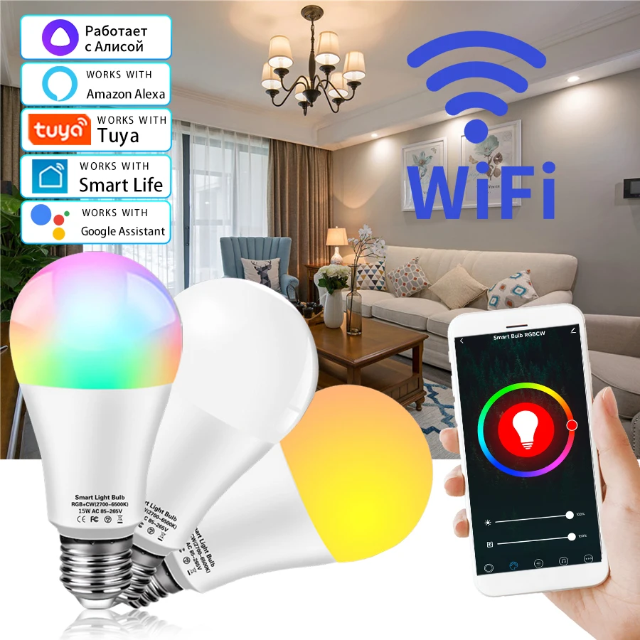 Alice Smart Light Bulb Led Bulb E27 Smart Lamp Home 15W Wifi RGB Alexa Tuya Yandex Station Voice Control Dimmable 220V 110V smart led light bulb