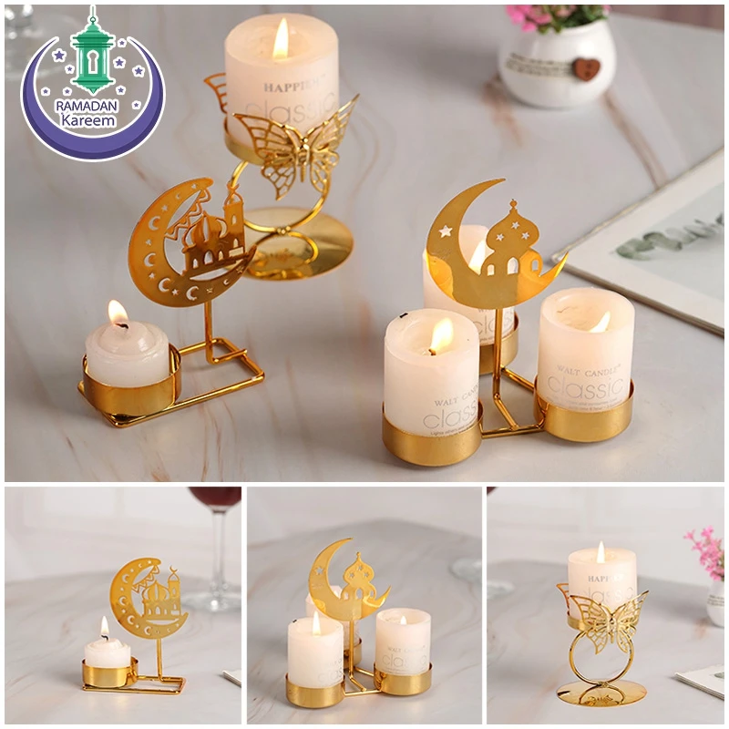 Ramadan Candle Holder Metal Golden Eid Mubarak Candlestick Base Iron Art Candle Holder Night Lamp Ornaments Craft Decor