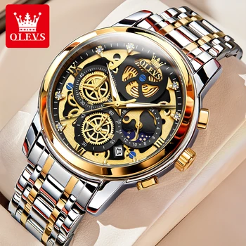 OLEVS Men's Watches Top Brand Luxury Original Waterproof Quartz Watch for Man Gold Skeleton Style 24 Hour Day Night New