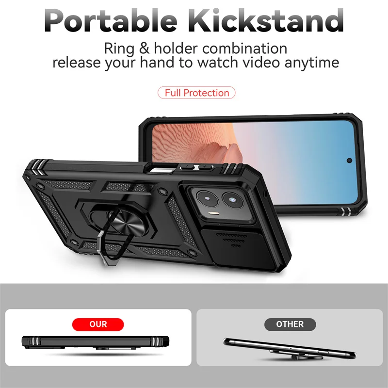 Slide Camera Lens Protection Armor Phone Case with Magnetic Holder Ring and Back Cover