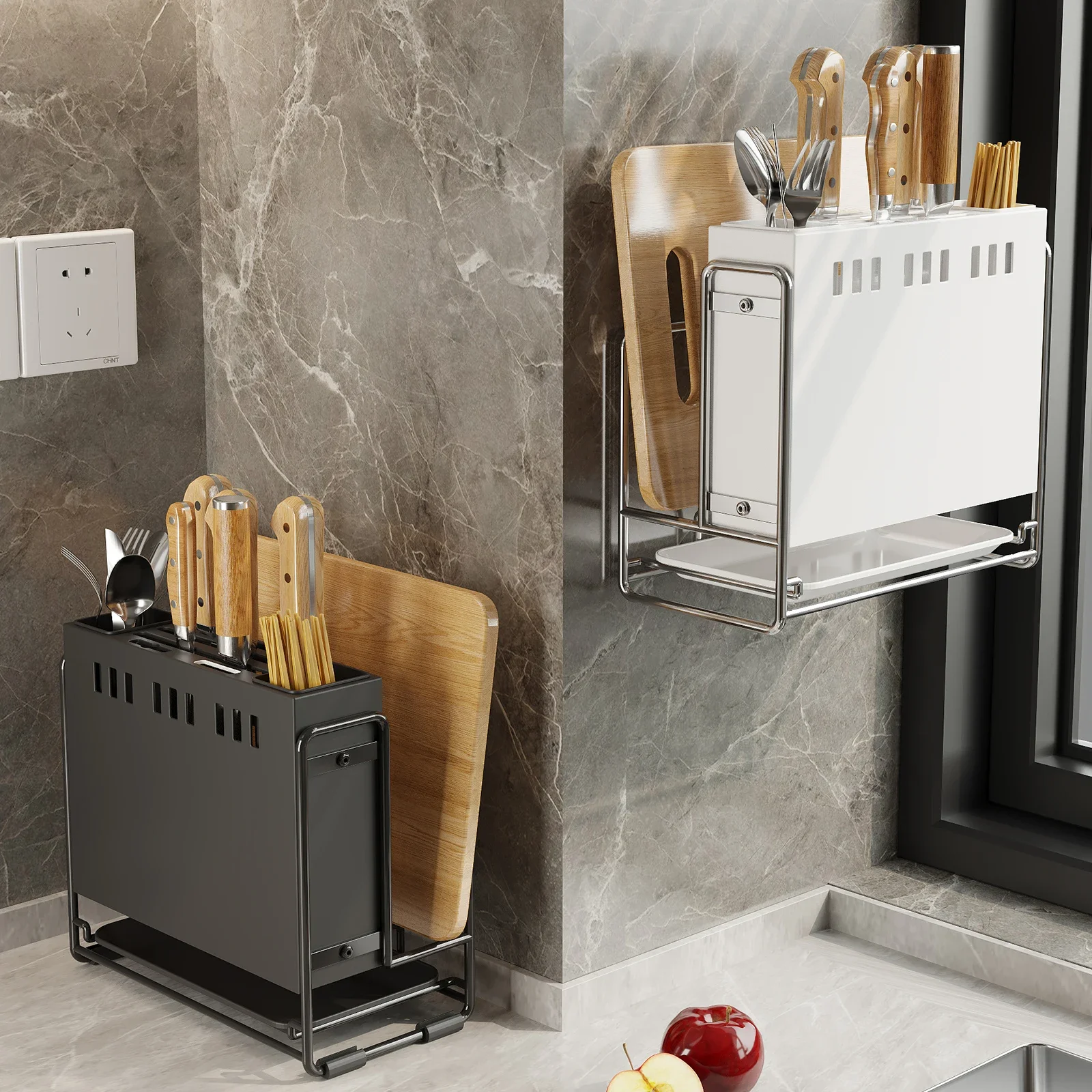 Kitchen Knife Storage Rack,Wall mounter and Punch Free,Stainless-Steel material,Black white 2