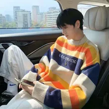 

Hong Kong Wind Ins Wild Striped Colored Round Neck Sweater Men And Women Winter Korean Version Of The Trend Of The Original
