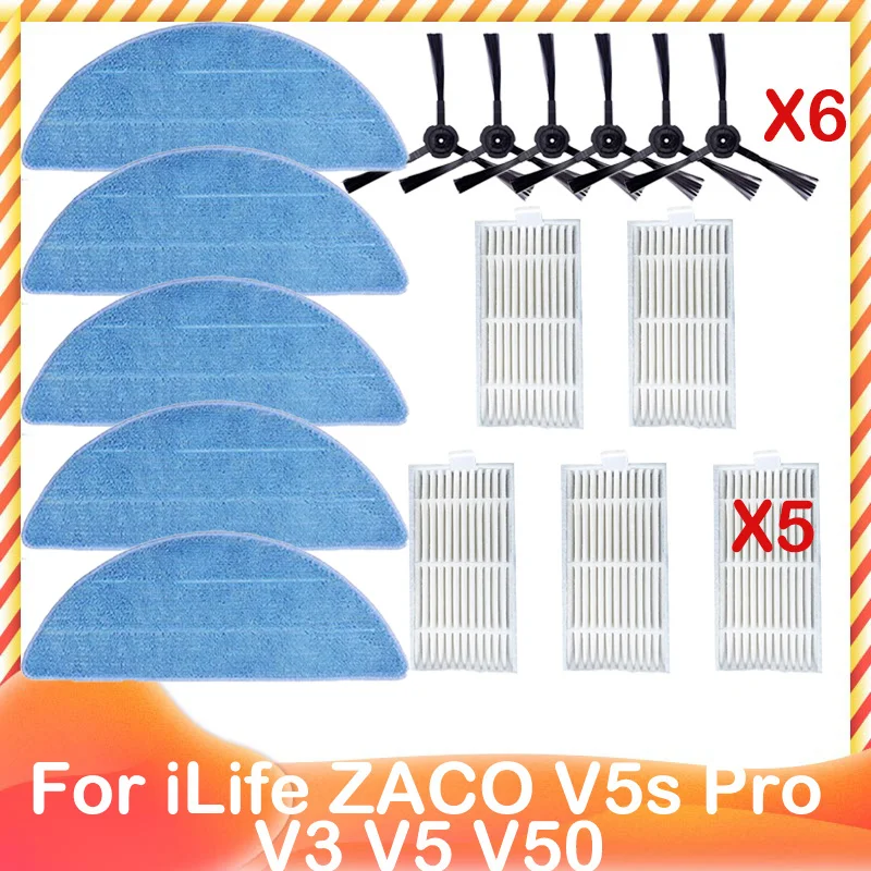 para Ilife Zaco V5s Pro v3 v5 V5s V3s V50 x5 Escova Lateral de Reposição Hepa Pré Filtro Mop Pano Robô Aspirador pó