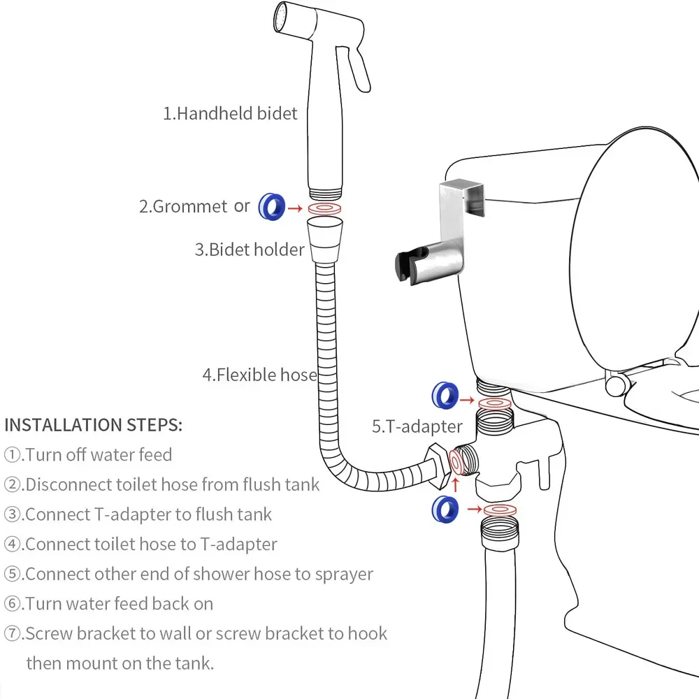 Handheld Toilet Bidet Faucet Sprayer Stainless Steel Bathroom Bidet Spraye Set Hand Sprayer Shower Head Self Cleaning No Punch 6